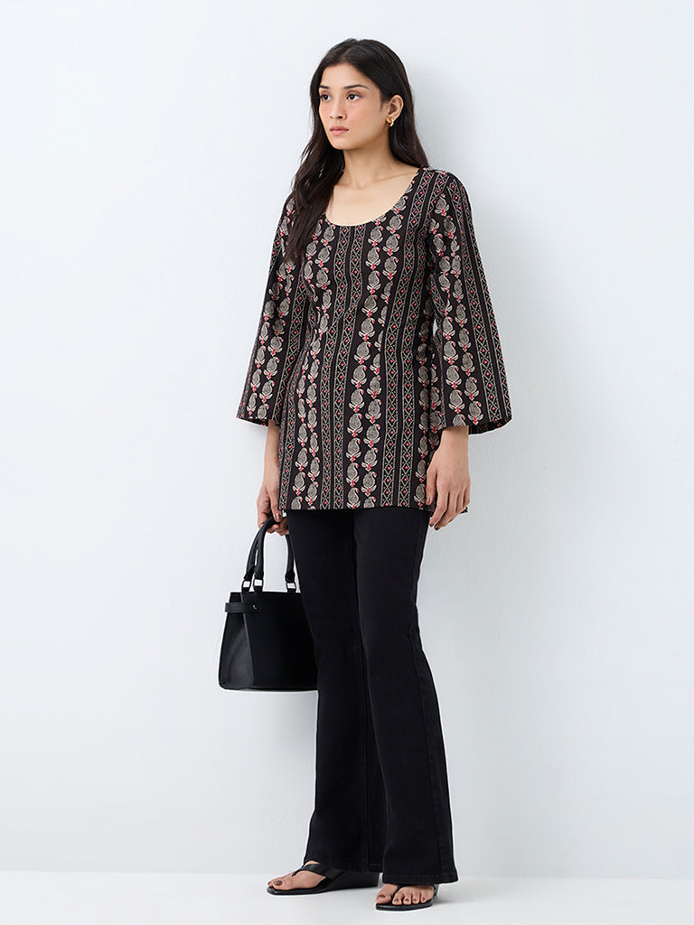Utsa Black Leaf Patterned Cotton Tunic