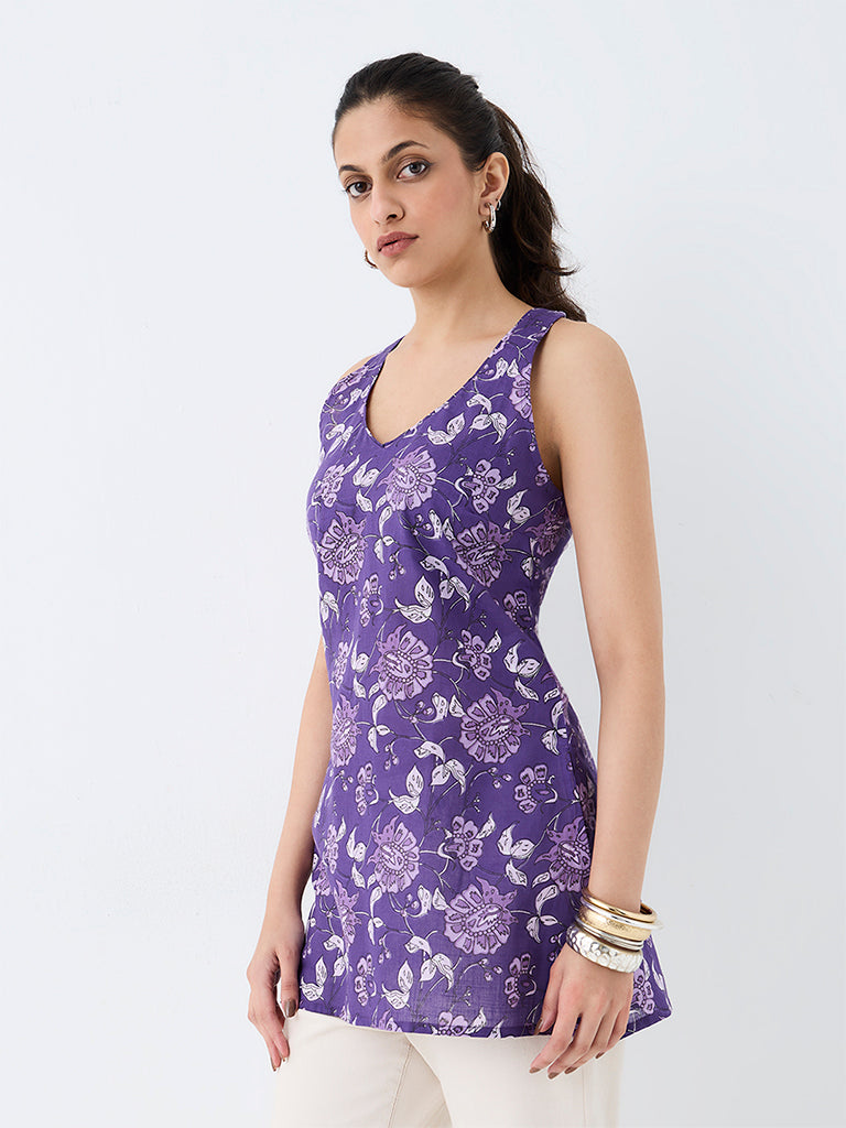 Utsa Purple Foliage Pattern Cotton Straight Kurti