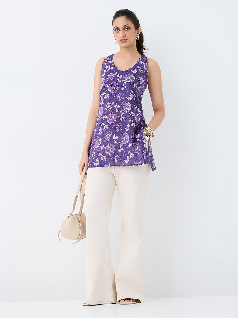 Utsa Purple Foliage Pattern Cotton Straight Kurti