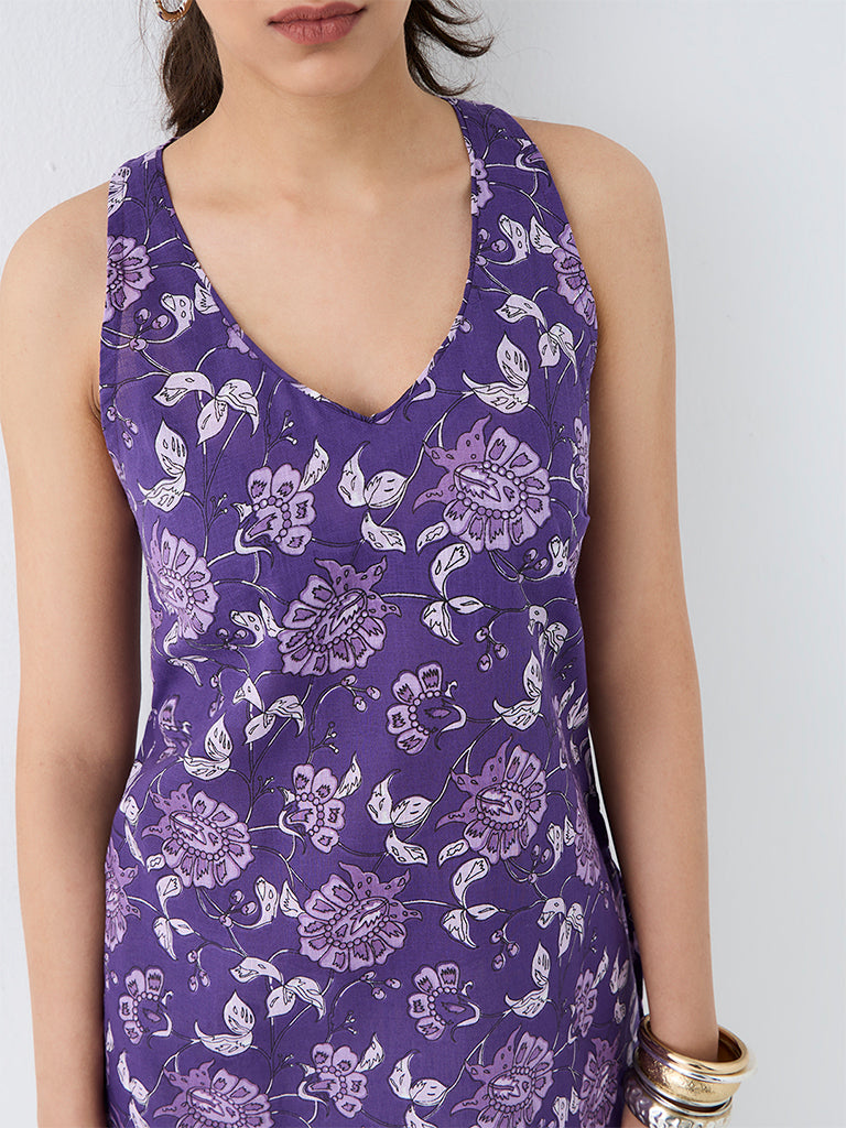 Utsa Purple Foliage Pattern Cotton Straight Kurti