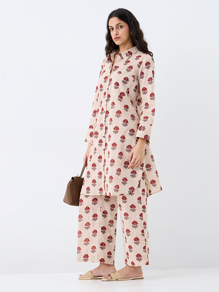 Utsa Beige Floral Pattern Cotton Pants
