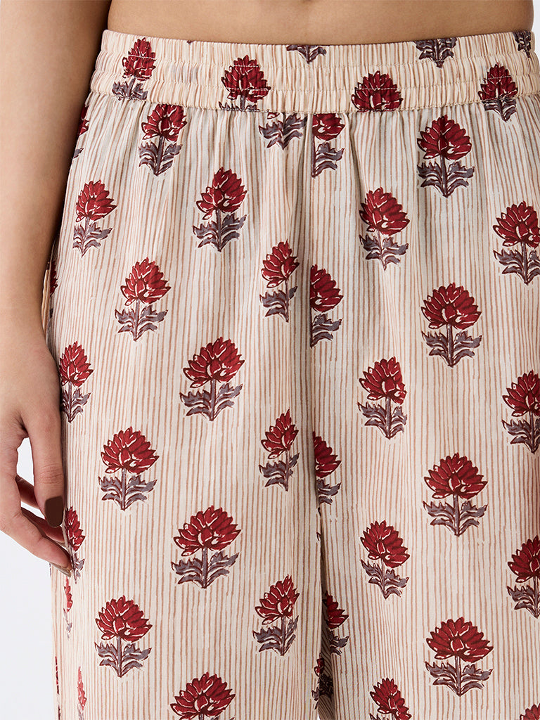Utsa Beige Floral Pattern Cotton Pants
