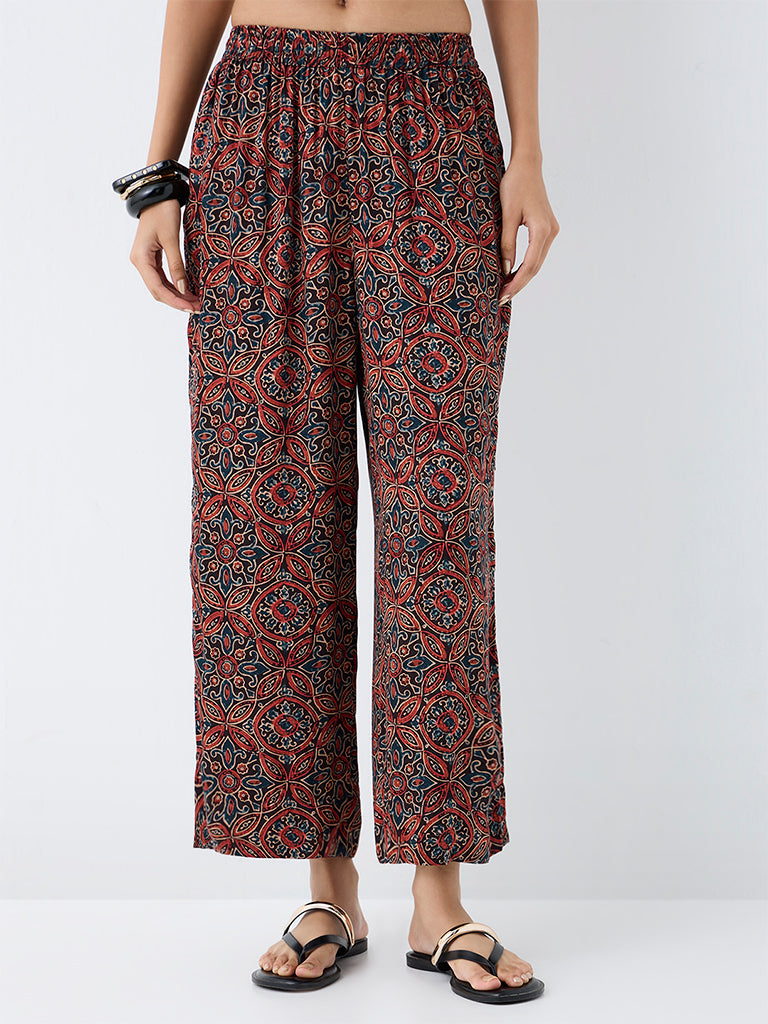 Utsa Red Floral Printed Pants