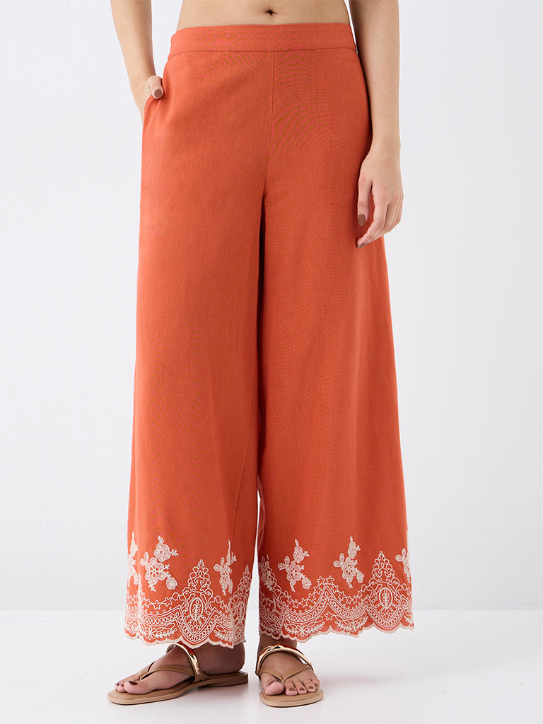 Utsa Rust Floral Embroidered Pants