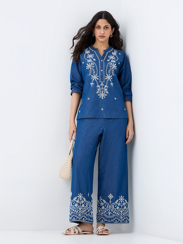 Utsa Blue Embroidered Denim Pants