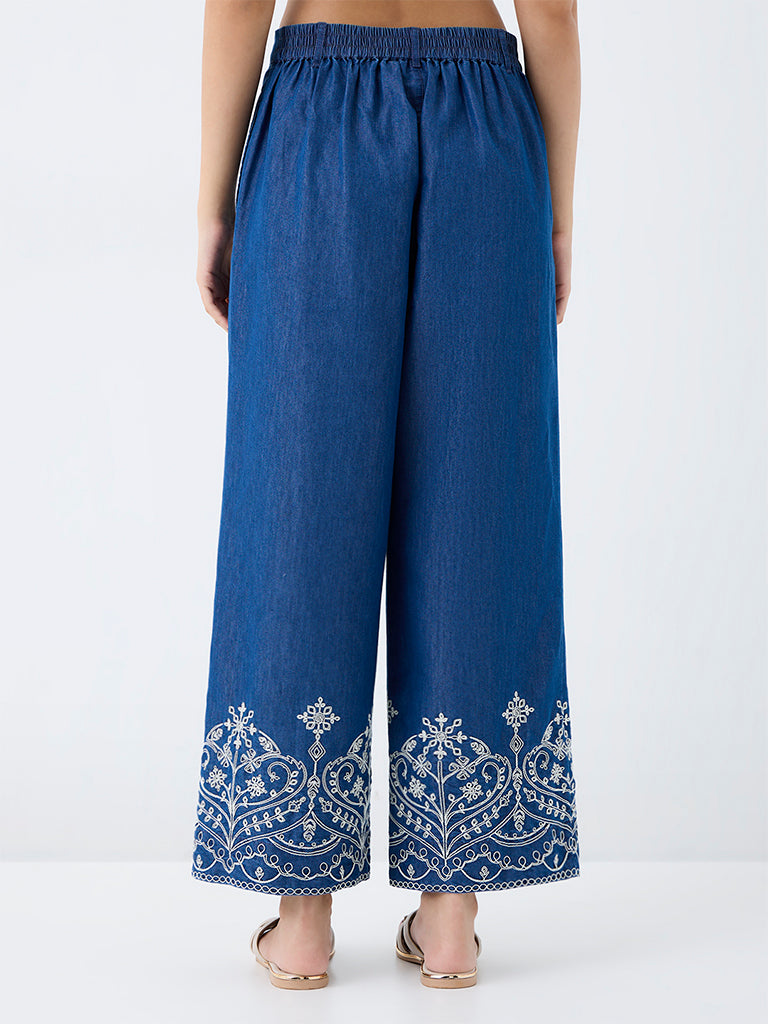 Utsa Blue Embroidered Denim Pants