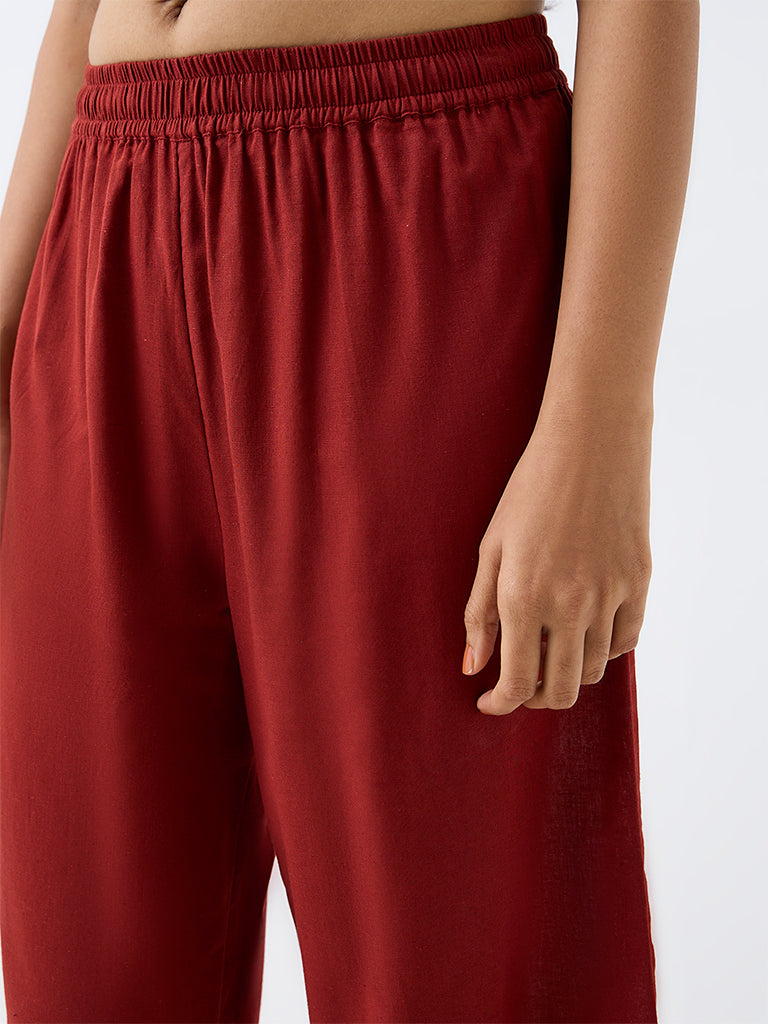 Utsa Red Solid Cotton-Blend Pants