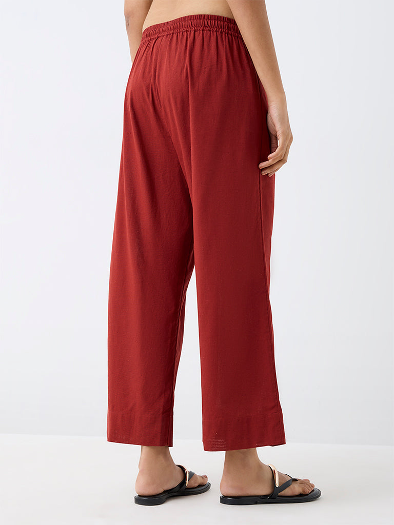 Utsa Red Solid Cotton-Blend Pants