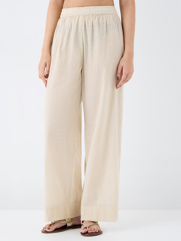 Utsa Cream Striped Cotton Pants
