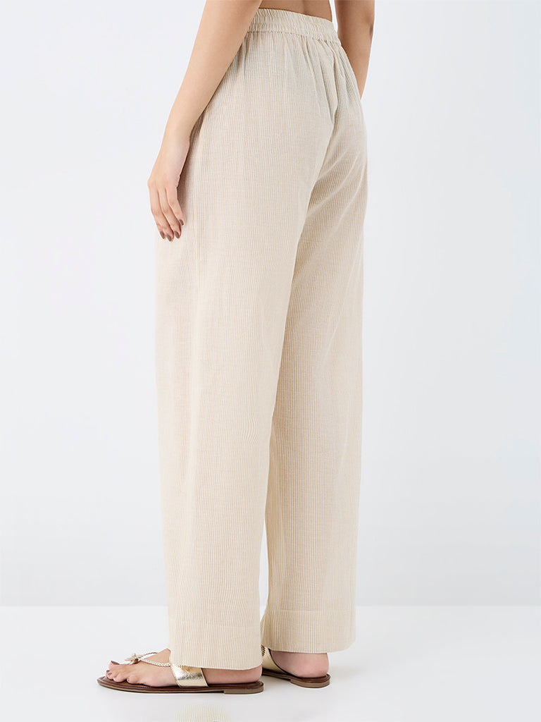 Utsa Cream Striped Cotton Pants