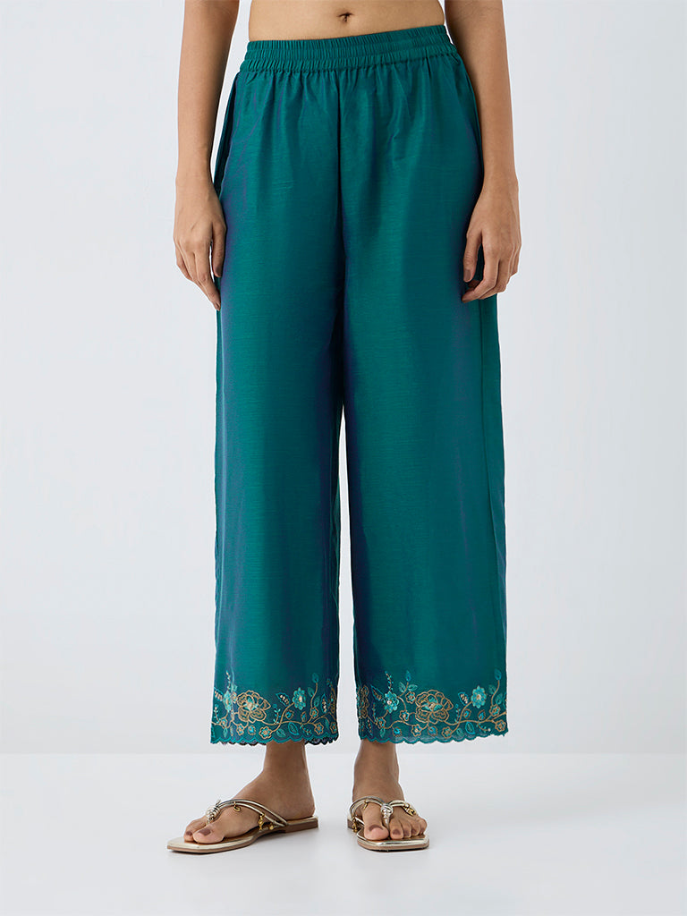 Utsa Dark Teal Floral Embroidered Pants