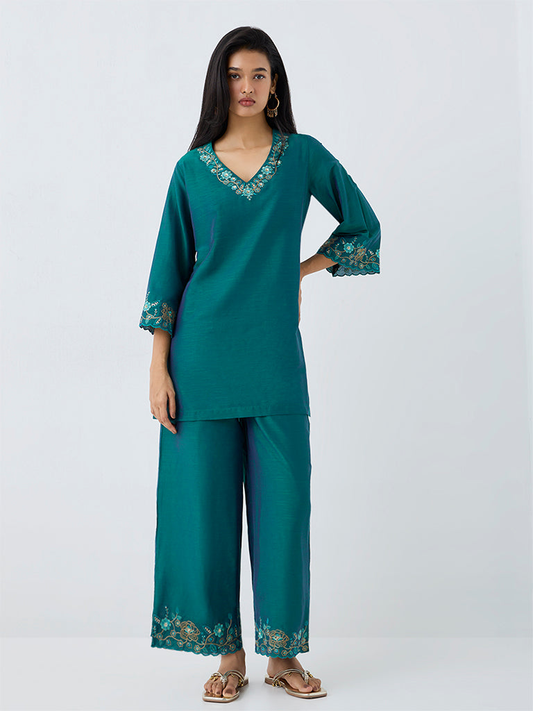 Utsa Dark Teal Floral Embroidered Pants