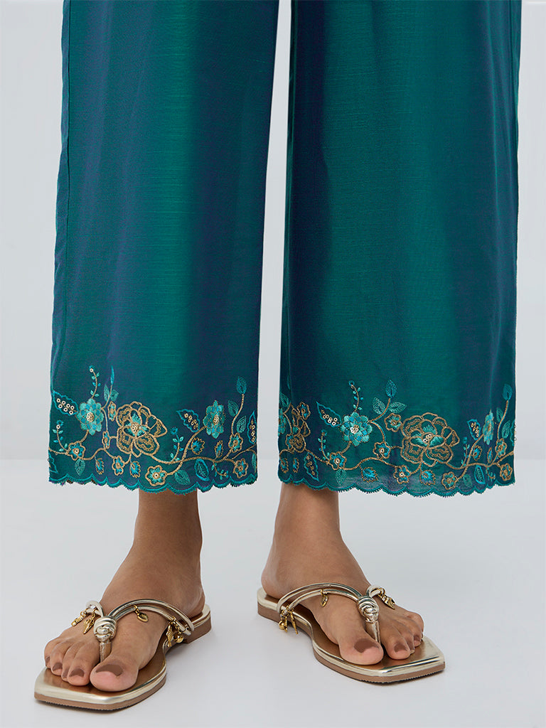 Utsa Dark Teal Floral Embroidered Pants