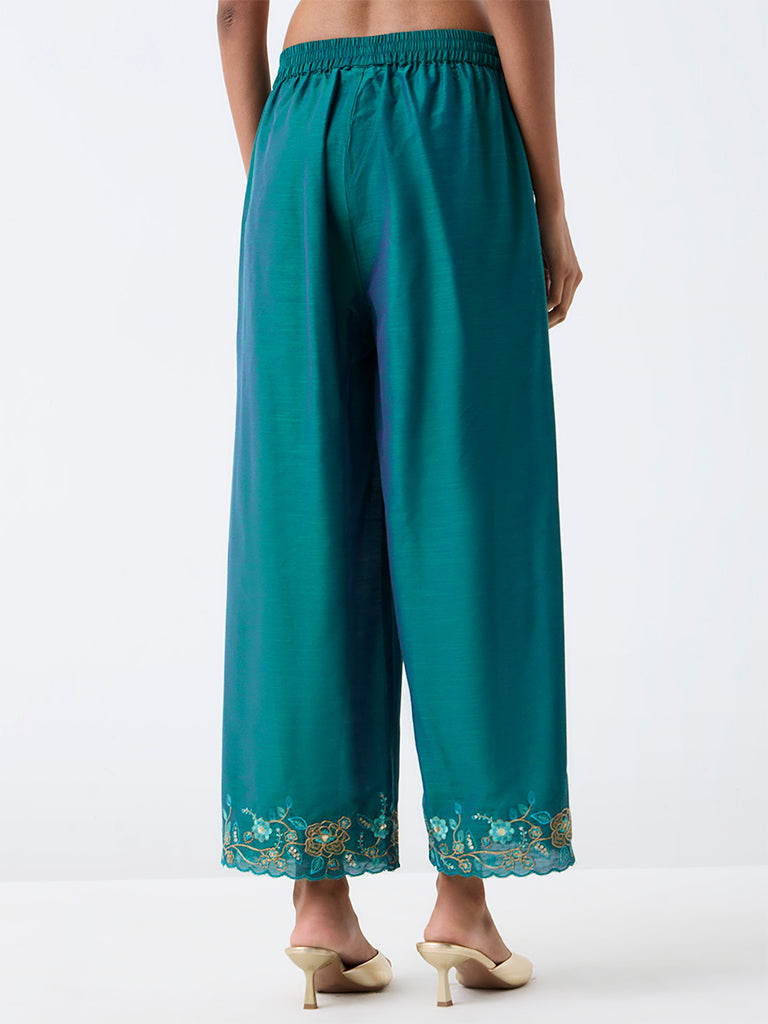 Utsa Dark Teal Floral Embroidered Pants