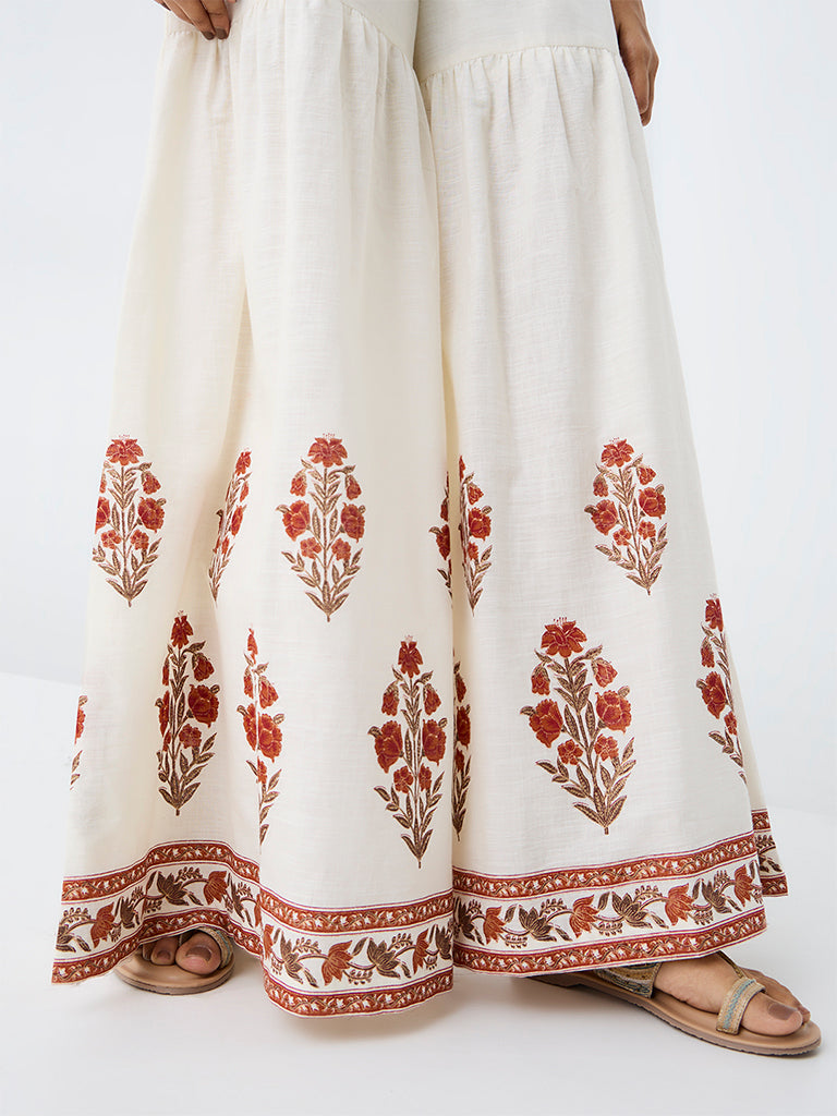 Utsa Off-White Floral Printed Cotton Sharara