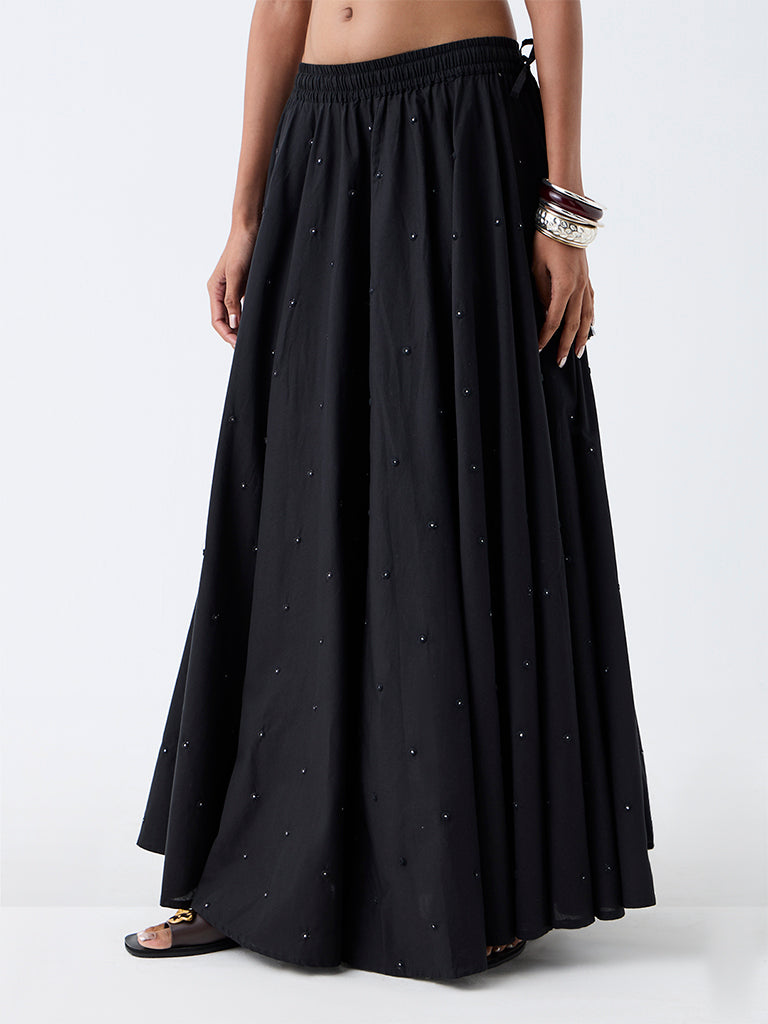 Utsa Black Embroidered Flared Cotton Skirt