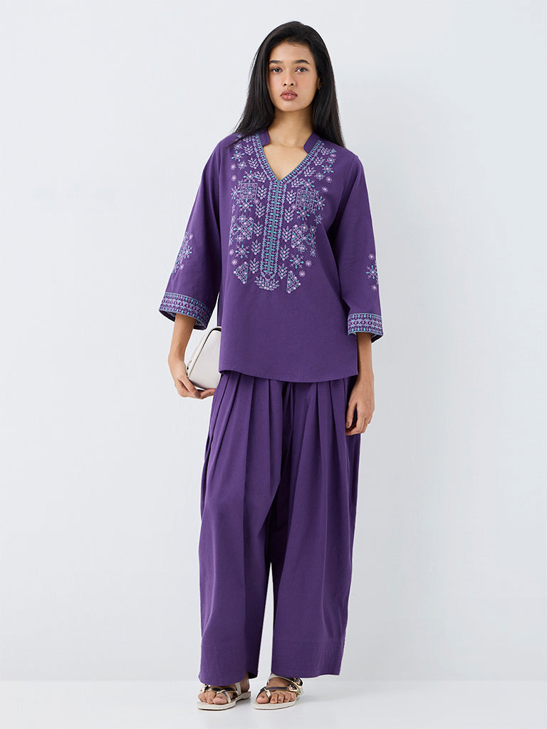 Utsa Violet Solid Cotton-Blend Farsi Salwar
