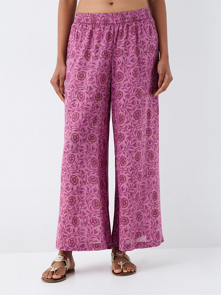 Zuba Purple Floral Design Cotton  Pants