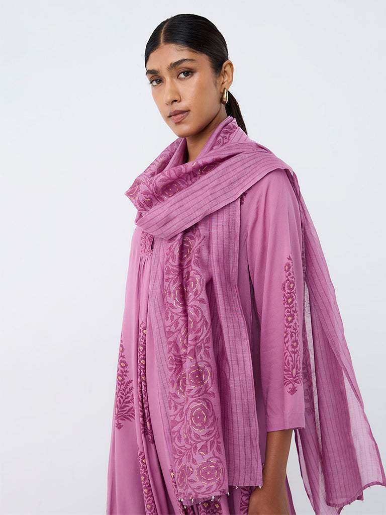 Zuba Purple Floral Design Cotton-Blend Dupatta