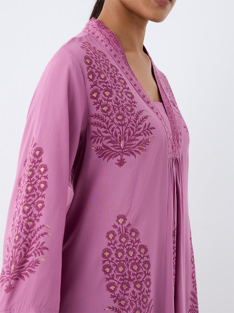 Zuba Purple Floral Printed A-Line Kurta