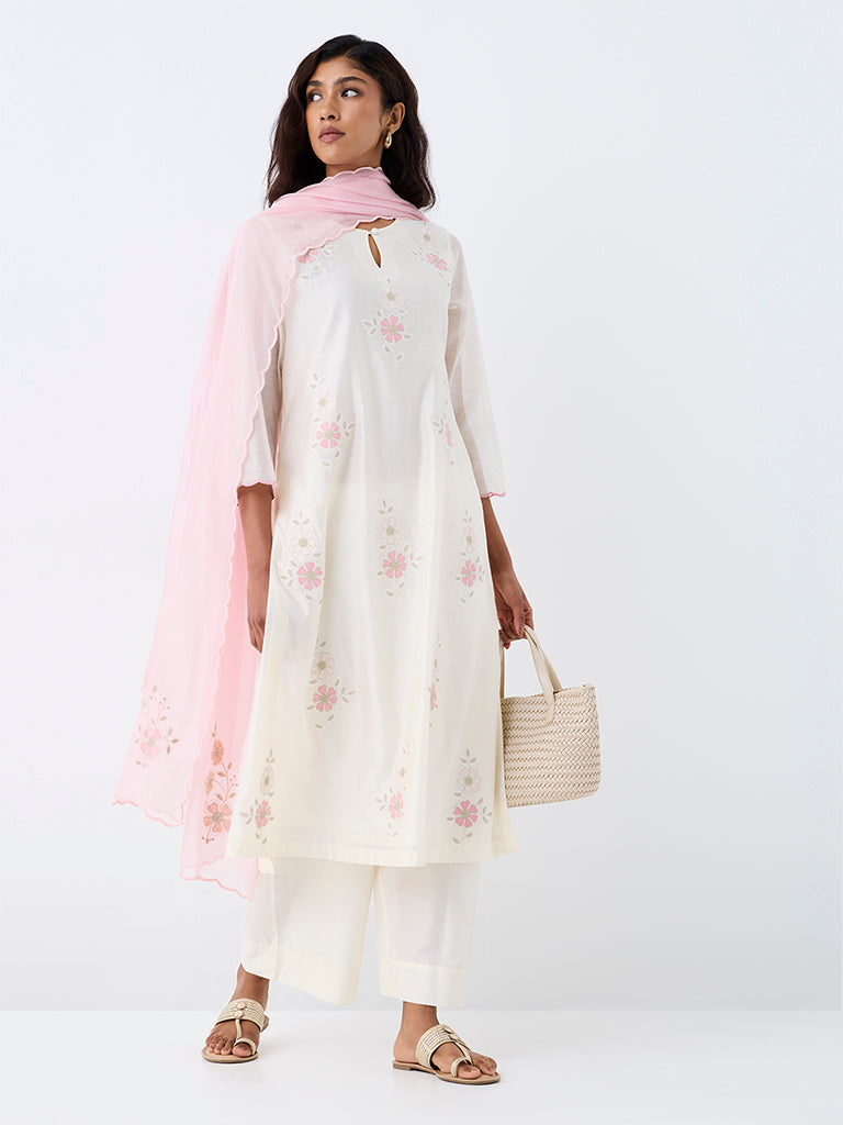 Zuba Off-White Floral Printed Cotton-Blend A-Line Kurta