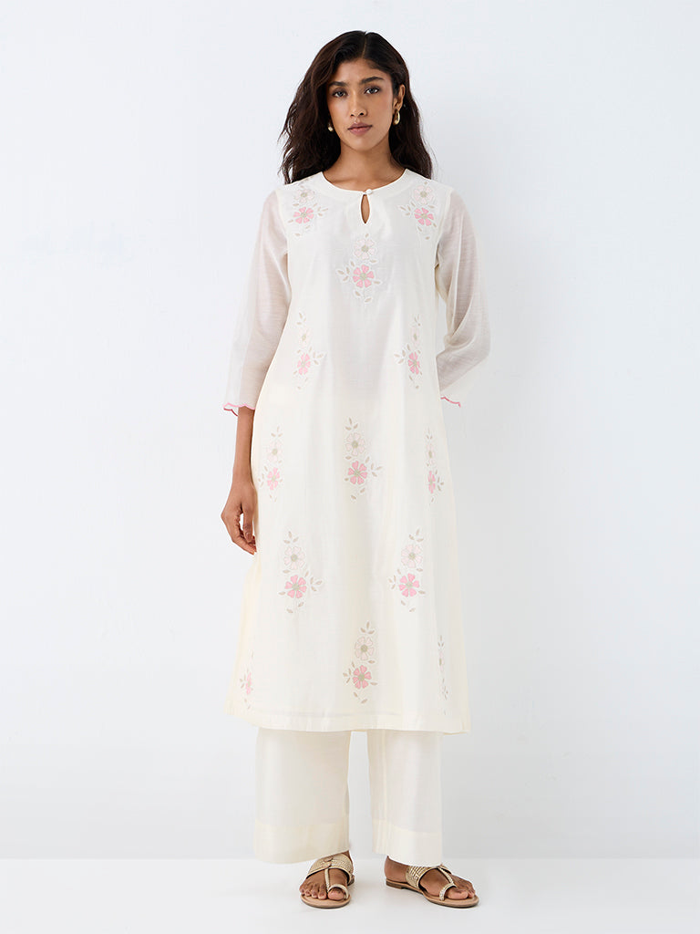 Zuba Off-White Floral Printed Cotton-Blend A-Line Kurta