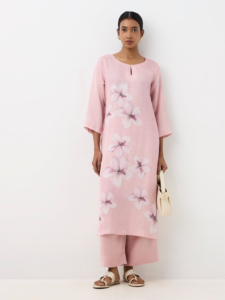 Zuba Pink Floral Printed A-Line Kurta