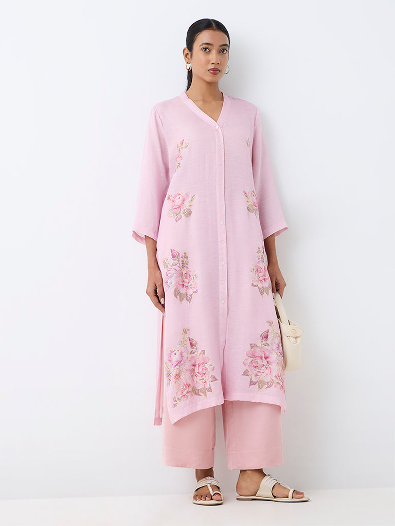 Zuba Pink Floral Pattern A-Line Kurta