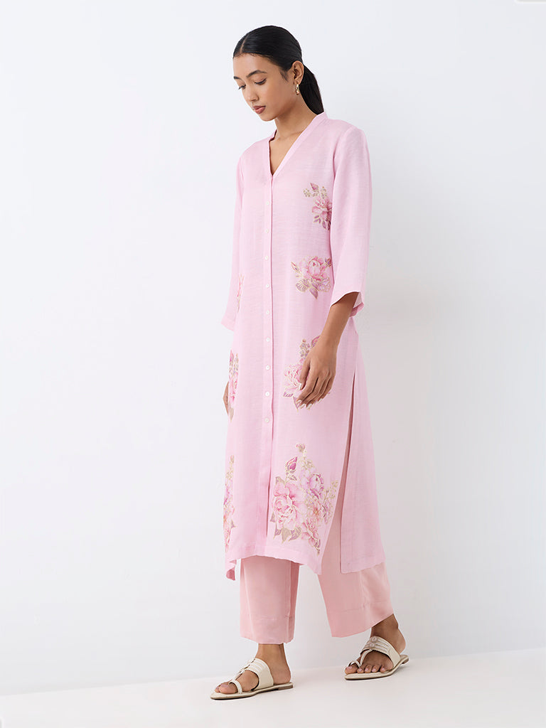 Zuba Pink Floral Pattern A-Line Kurta
