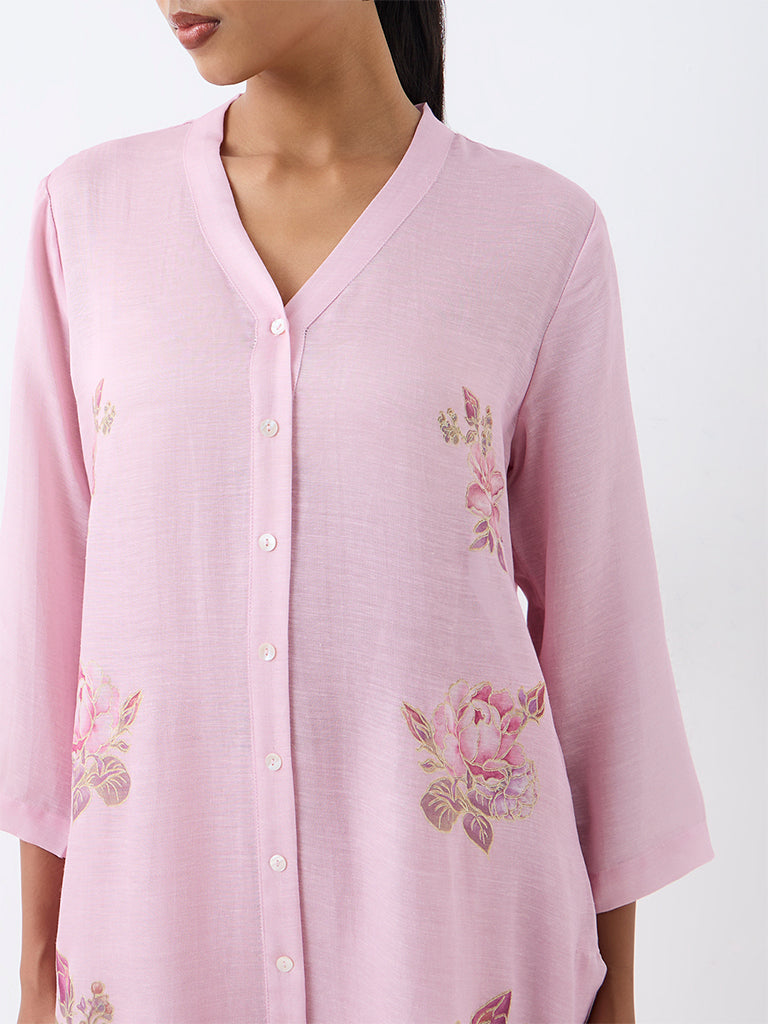 Zuba Pink Floral Pattern A-Line Kurta