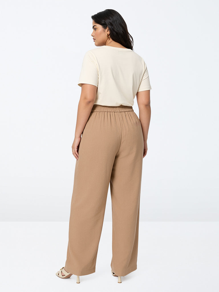 Gia Dark Beige Crinkle-Texture High-Rise Pants