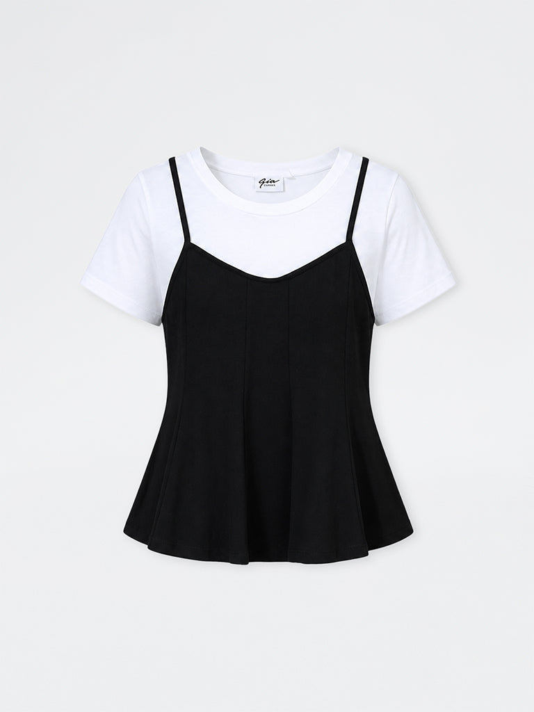 Gia Black and White Layered-Design Cotton Top