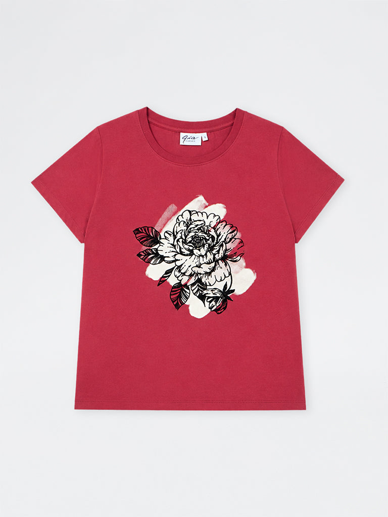 Gia Red Floral Printed Cotton T-Shirt