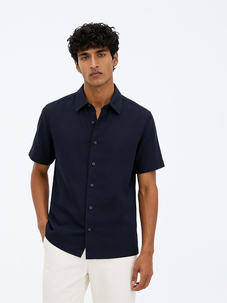 Ascot Navy Solid Relaxed-Fit Shirt