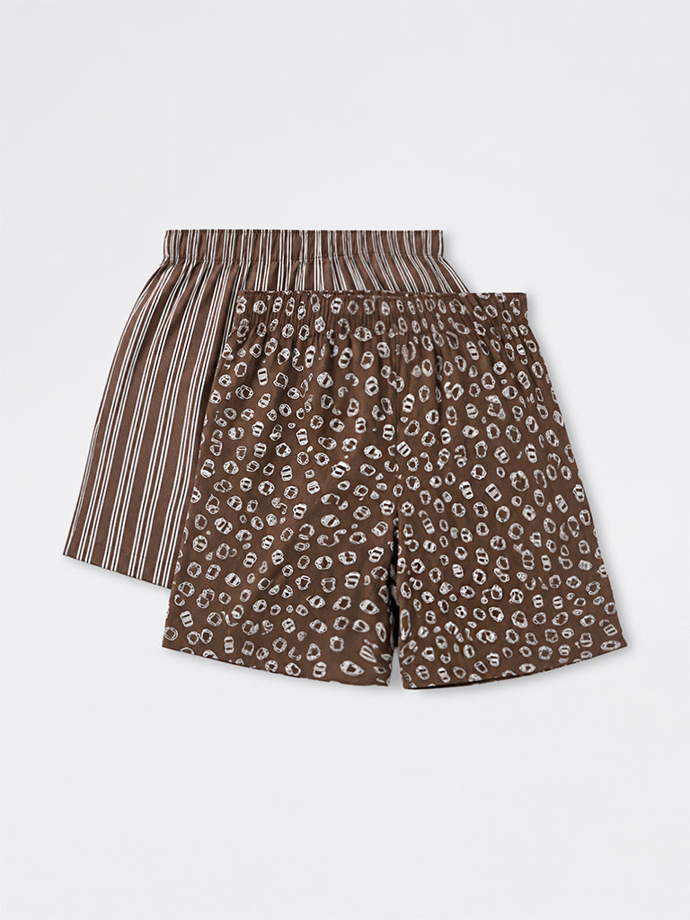 WES Lounge Dark Brown Printed Relaxed-Fit Cotton Boxers - Pack of 2