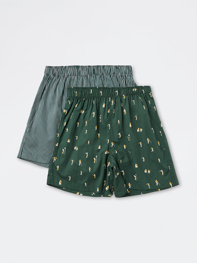WES Lounge Green Printed Loose-Fit Cotton Boxers - Pack of 2