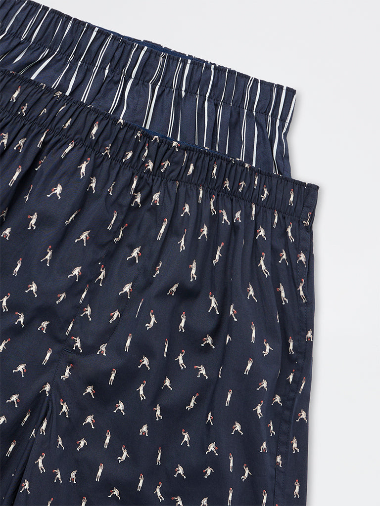 WES Lounge Navy Printed Relaxed-Fit Mid-Rise Cotton Boxers - Pack of 2