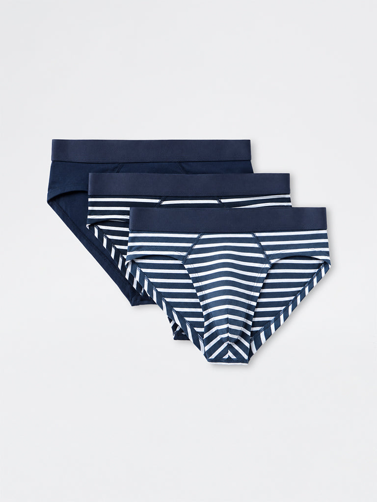 WES Lounge Dark Blue Striped Relaxed-Fit Cotton Briefs - Pack of 3