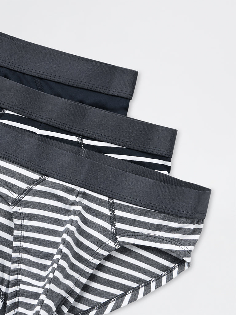 WES Lounge Dark Blue Striped Relaxed-Fit Cotton Briefs - Pack of 3