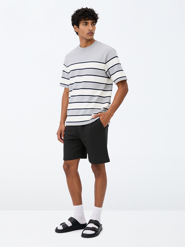 WES Lounge Black Solid Relaxed-Fit Mid-Rise Cotton-Blend Shorts