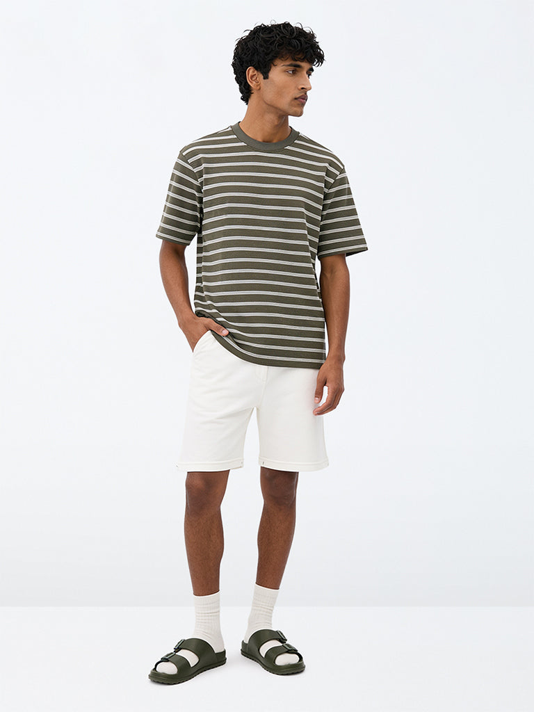 WES Lounge Off-White Solid Relaxed-Fit Mid-Rise Cotton-Blend Shorts