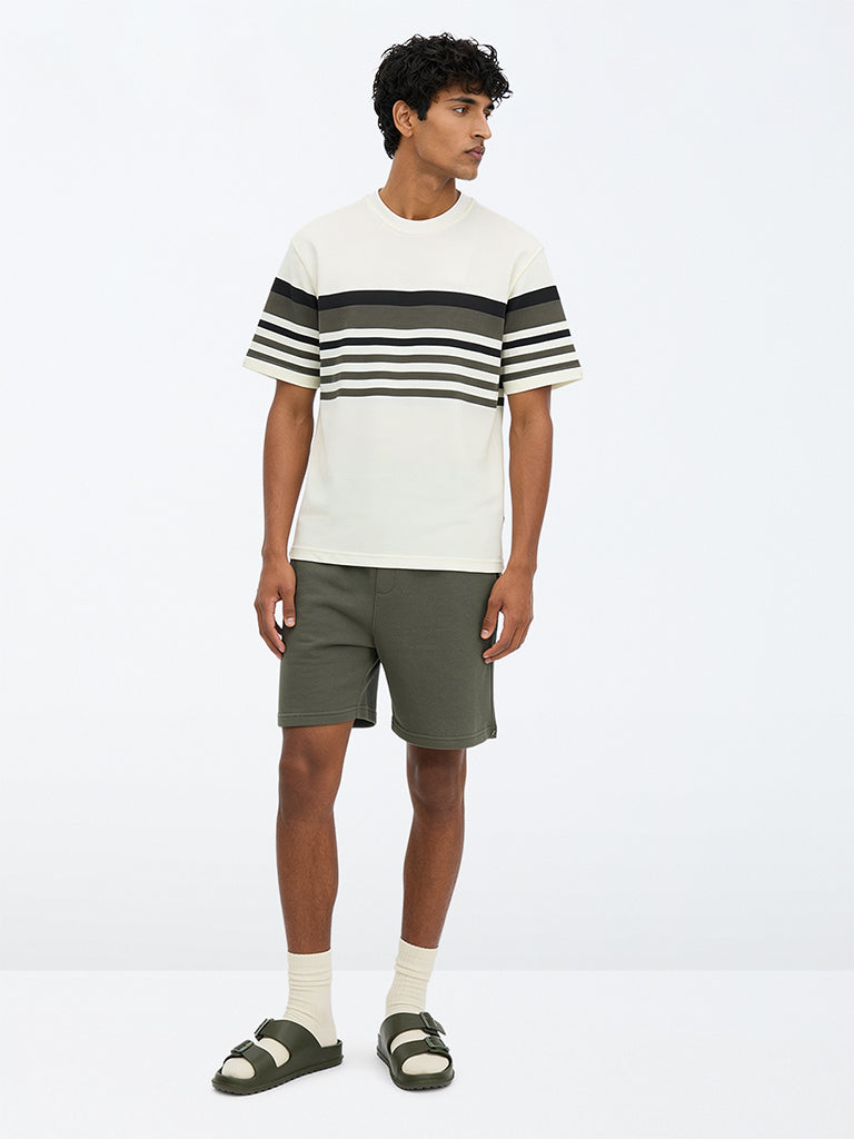 WES Lounge Olive Solid Relaxed-Fit Mid-Rise Cotton-Blend Shorts