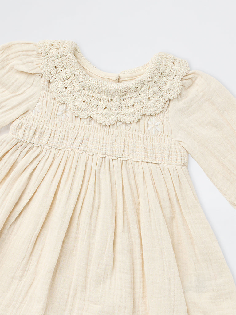 HOP Baby Girls Beige Smocked Cotton A-Line Dress