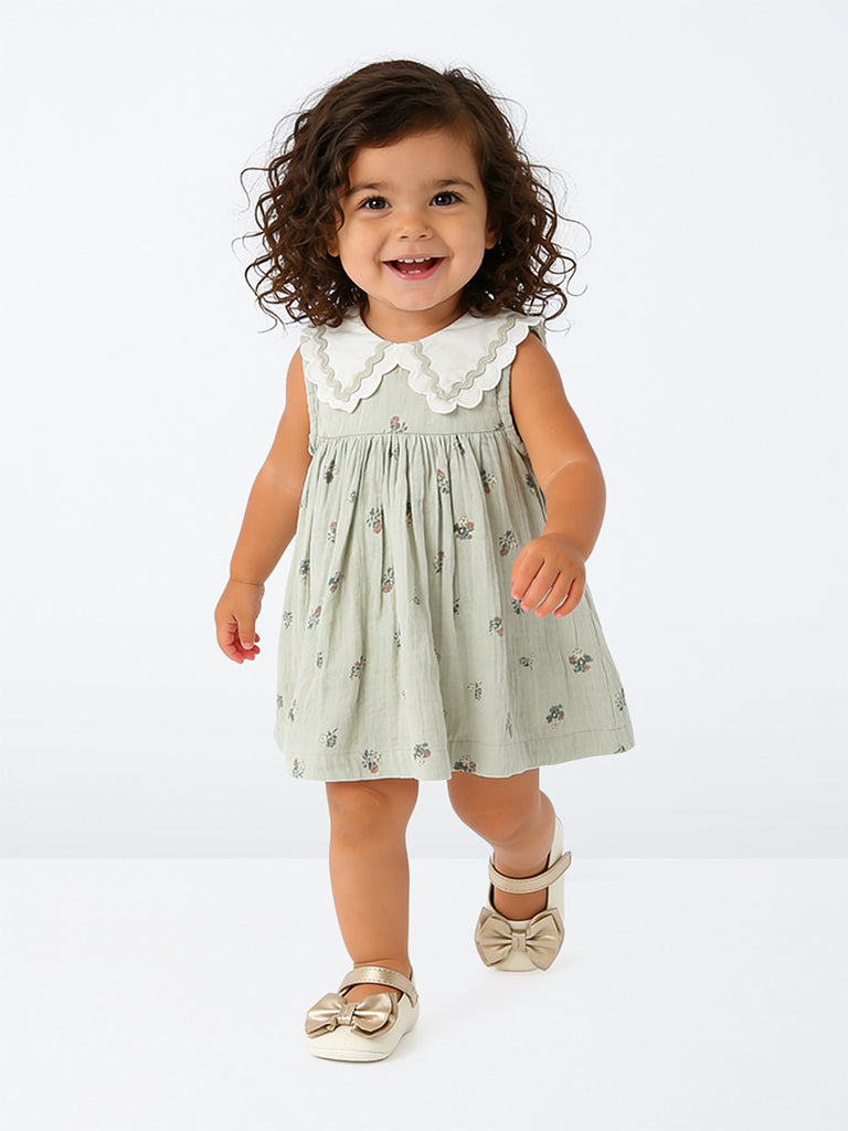 HOP Baby Girls Sage Green Floral Printed Cotton A-Line Dress