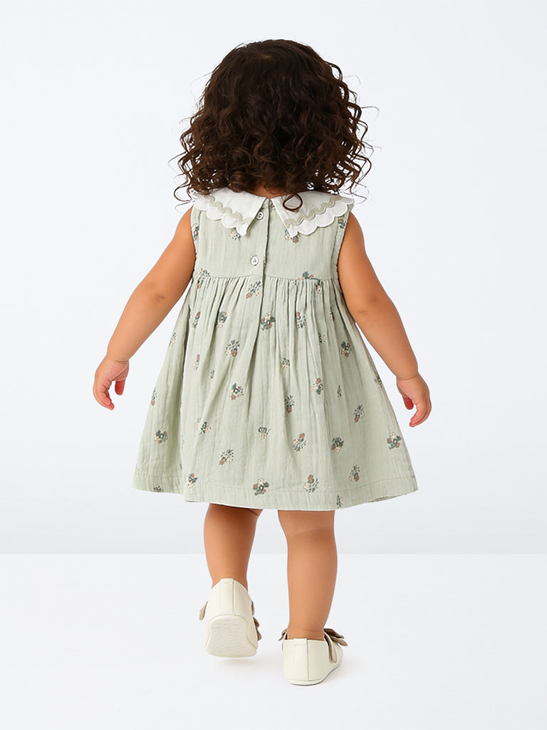 HOP Baby Girls Sage Green Floral Printed Cotton A-Line Dress
