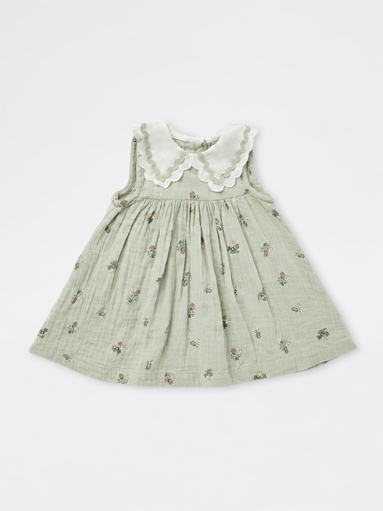HOP Baby Girls Sage Green Floral Printed Cotton A-Line Dress