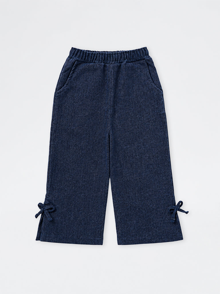 HOP Kids Girls Dark Blue Bow-Detail High-Rise Denim Trousers