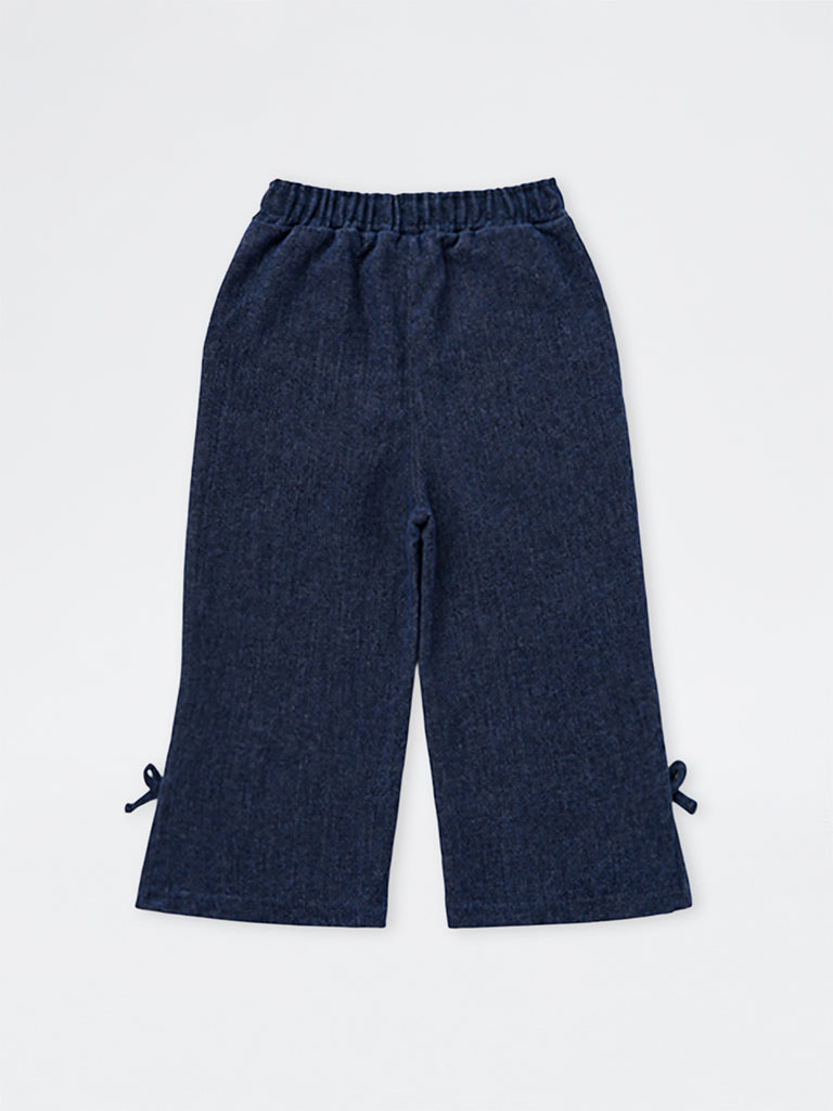 HOP Kids Girls Dark Blue Bow-Detail High-Rise Denim Trousers