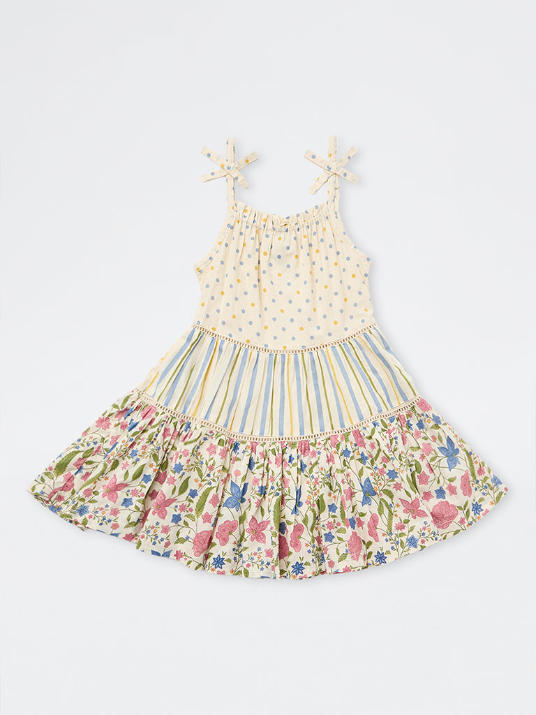 Utsa Kids Girls Cream Printed Cotton Tiered Dress - (2-8 yrs)