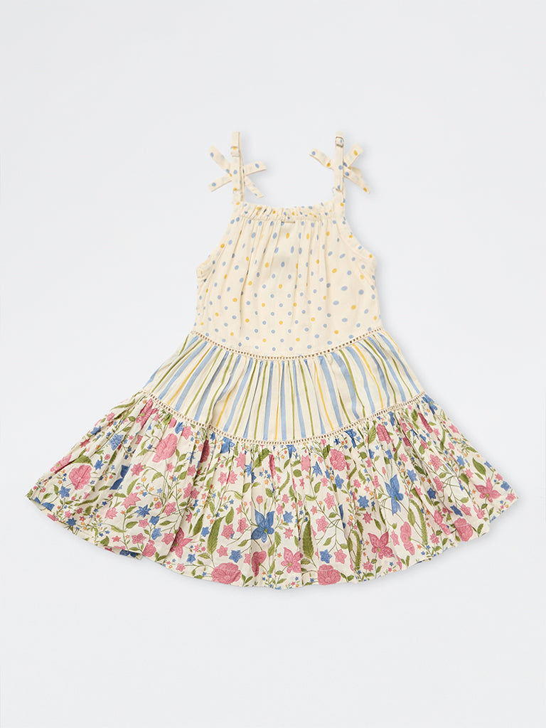 Utsa Kids Girls Cream Printed Cotton Tiered Dress - (2-8 yrs)